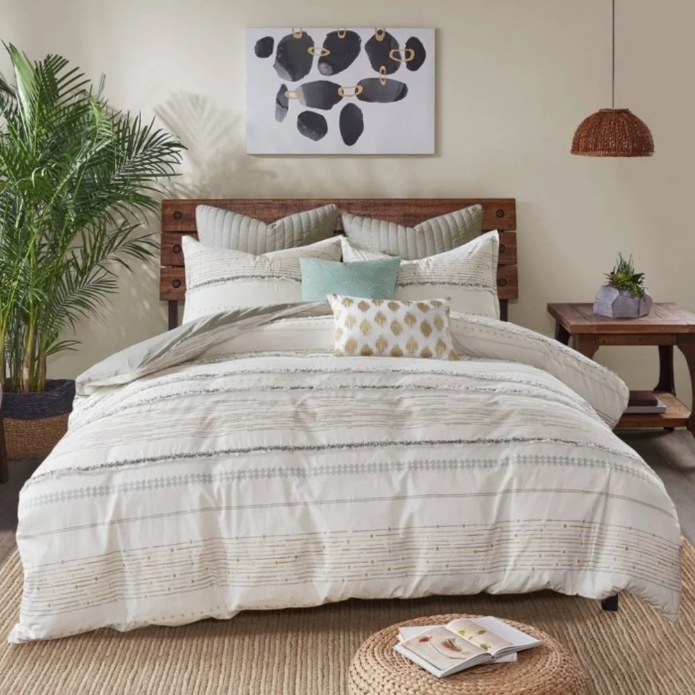 INK + IVY NWT new cotton printed duvet cover set -gray/ivory -full/queen